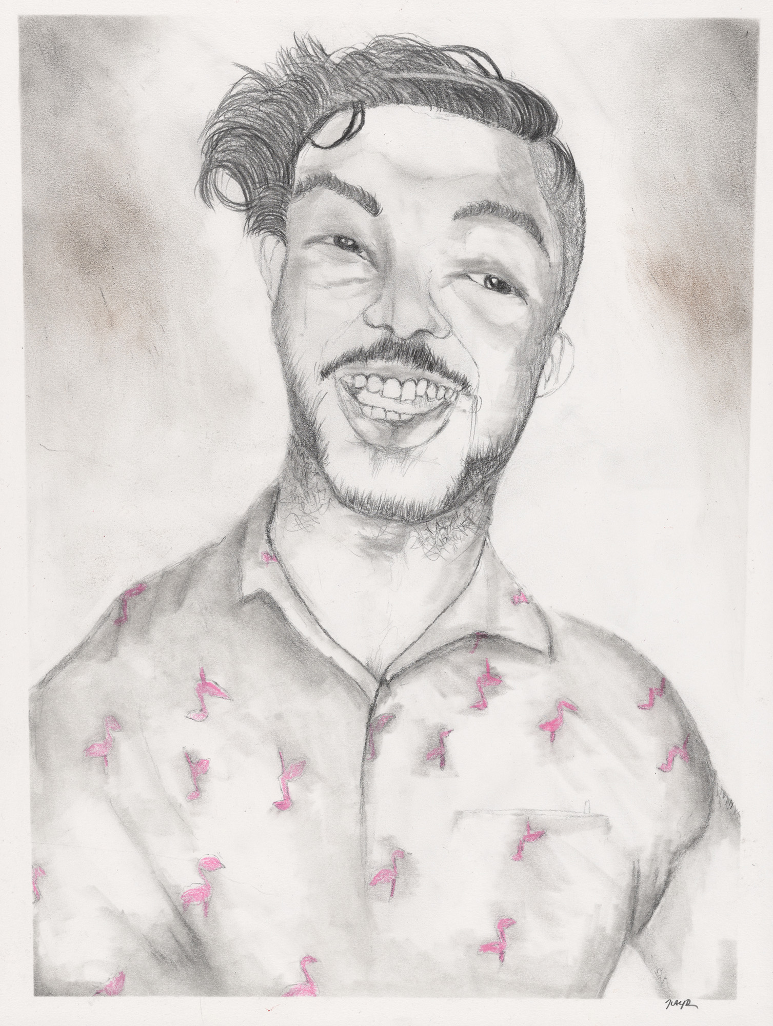A delicate pencil drawing of the head and shoulders of a young man with short tousled hair and a moustache. His shirt is patterned with pink flamingoes and he smiles broadly.