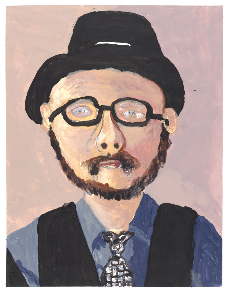 Created with confident painterly strokes, the head and shoulders of a man with a brown beard and moustache, black-rimmed glasses, black trilby hat, dark blue shirt, patterned tie and dark waistcoat.