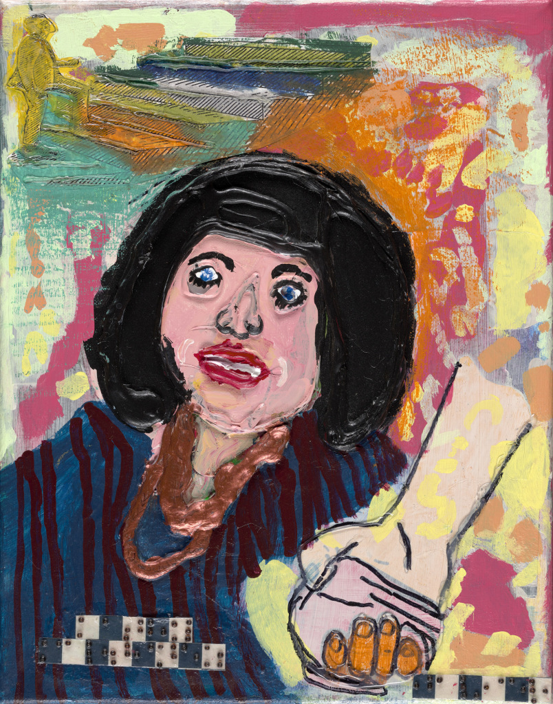 A highly textured head and shoulders of a woman with dark hair, red lips and bold bronze jewelry. Braille at the bottom for the name Kathy Martinez.