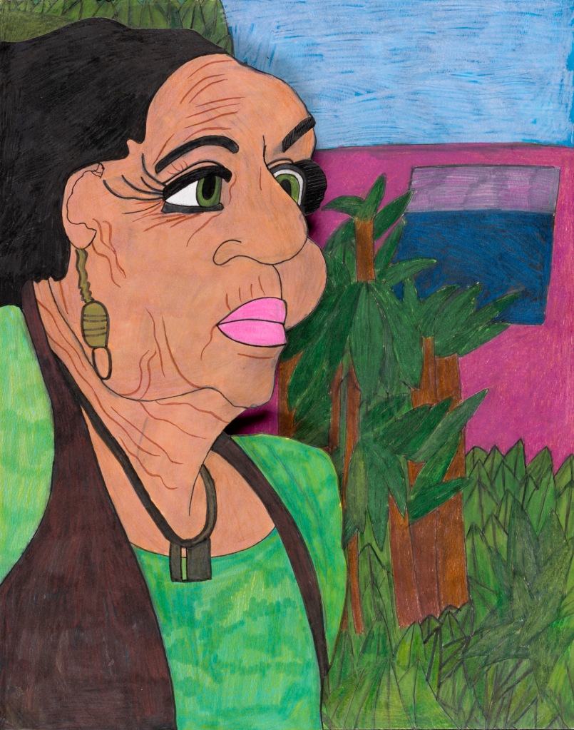 A three quarter portrait of a woman of color wearing a bright green top, wearing elegant jewelry, gazes to our right. Behind her a vibrant tropical background with palm trees and a bright pink building.