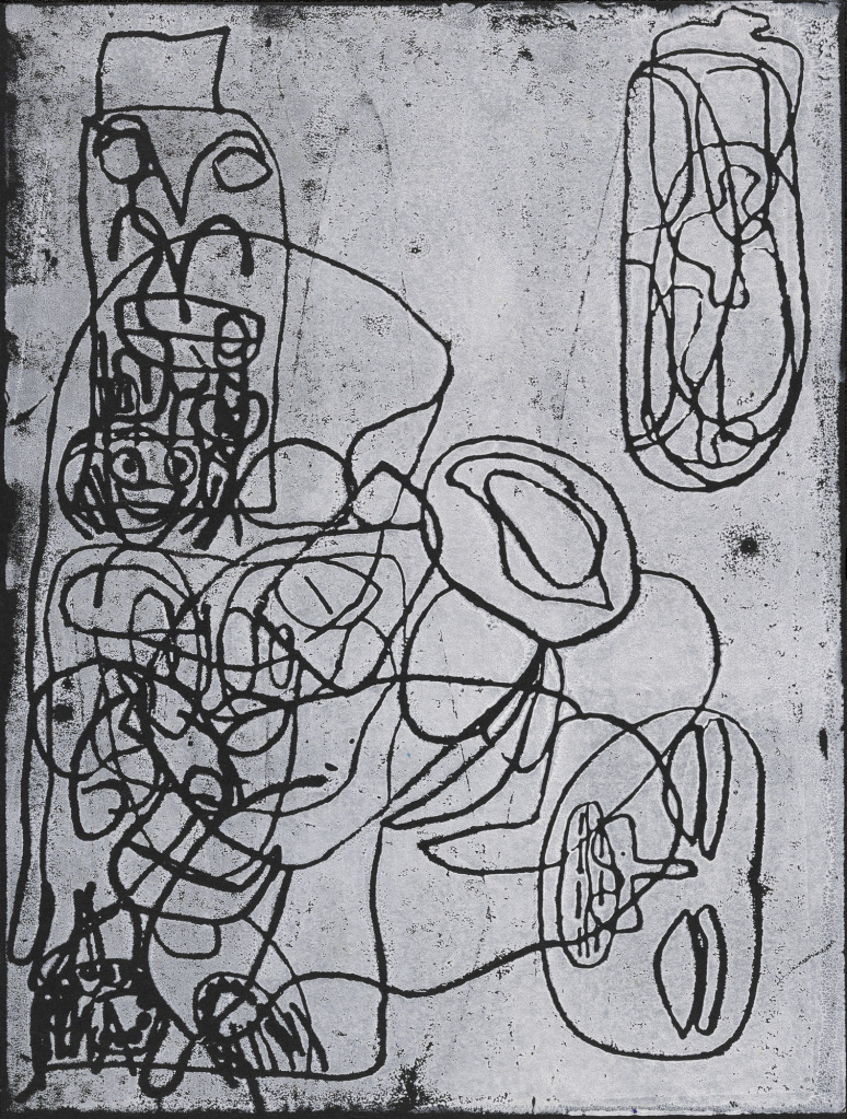 White ink on a black background. A complex layer of energetic black lines on the left, which connect to a serene face on its side to the right.