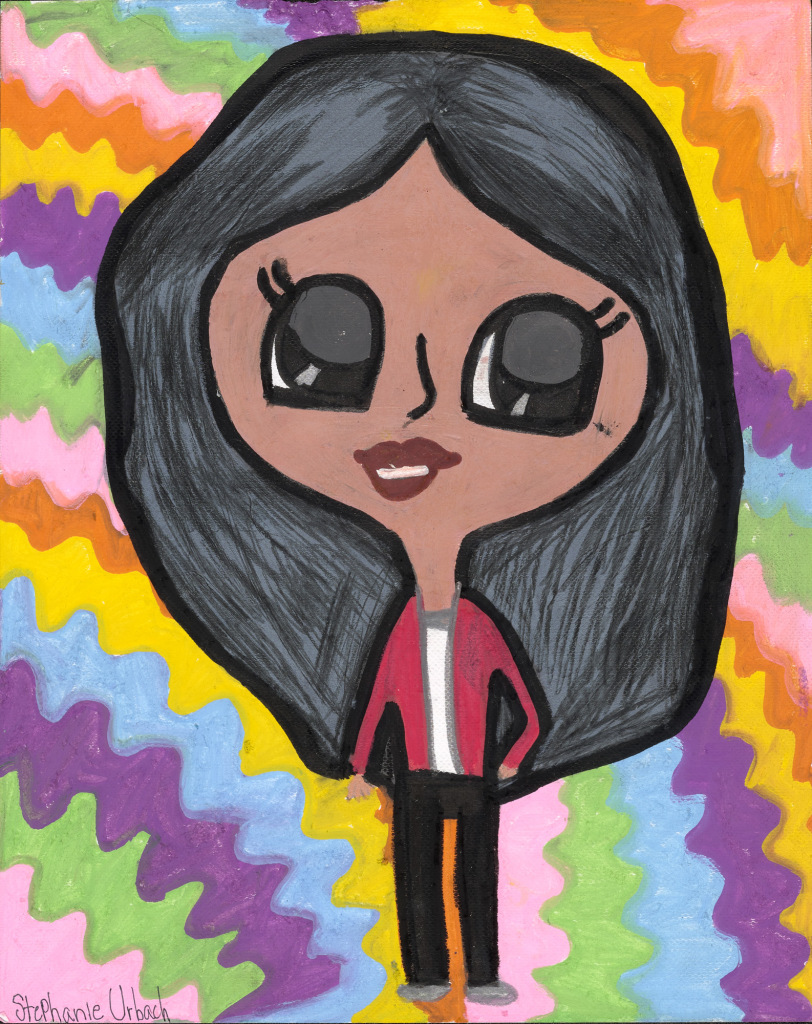 Created with bold color pencils, a woman with long, dark hair and large cartoon eyes, smiles and stands in front of warm, multi-colored stripes.