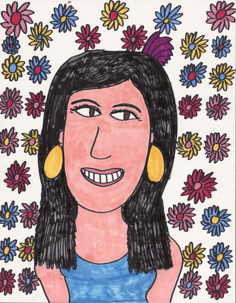 The head and shoulders of a smiling woman with turquoise dress and large oval, sun gold earrings. She is surrounded by a design of small multi-colored daisies.