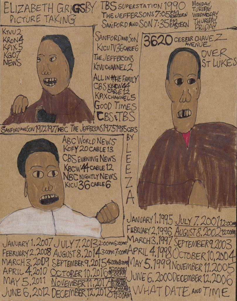 Words in the top left corner: Elizabeth Grigsby Picture Taking. IMAGE: Three portraits of an African American woman drawn in black pen on cardboard, with added highlights on her clothes. The spaces between the portraits are filled with lists of dates