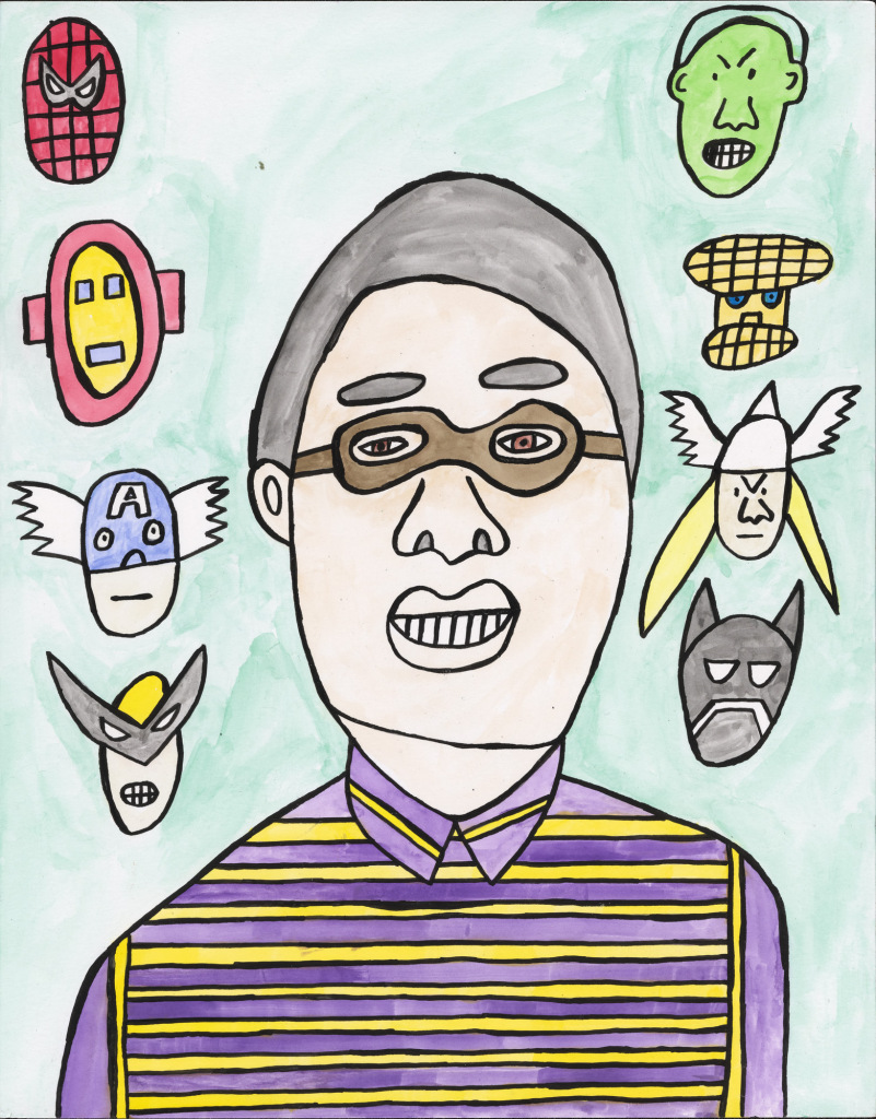 The head and shoulders of a smiling man wearing an eye mask and a striped shirt in cartoon style. On either side emblems for Spiderman, Ironman, Captain America, Wolverine, Hulk, The Thing, Thor and Batman.