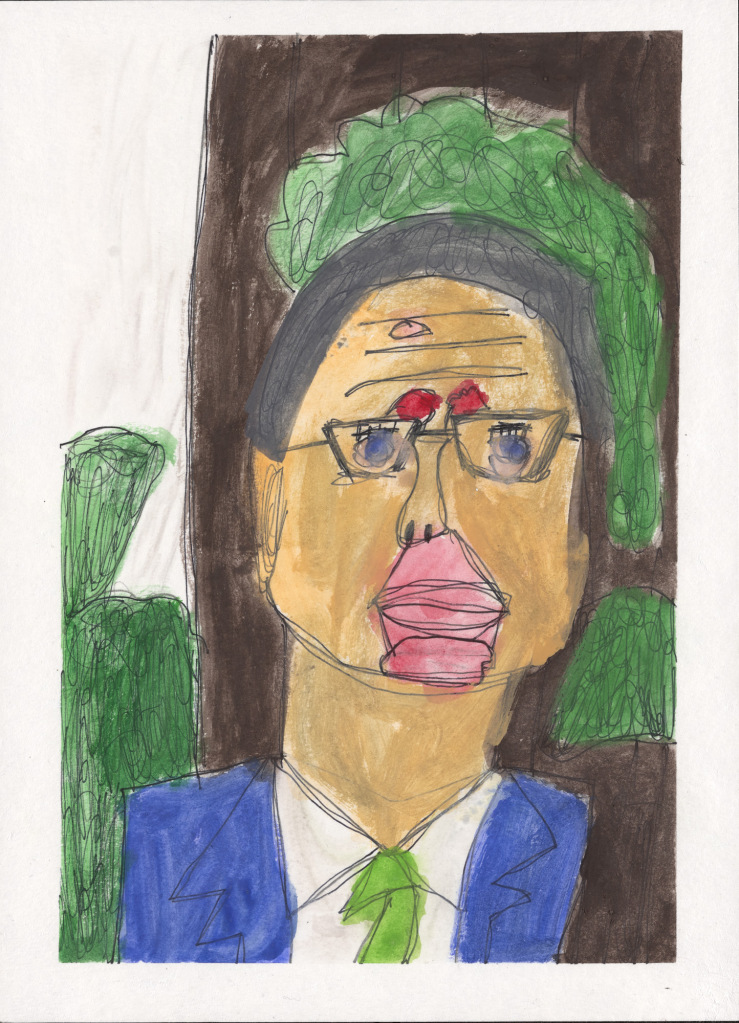 Drawn in pen with strong color washes, the head and shoulders of a man with dark hair, glasses, suit and tie in front of tree foliage.