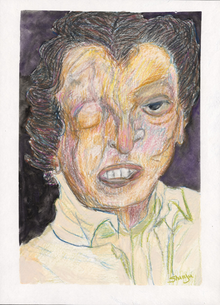 A careful drawing in colored pencil on paper of the head and shoulders of a white man with thick dark hair and a closed right eye. The detail of his shirt is carefully drawn.