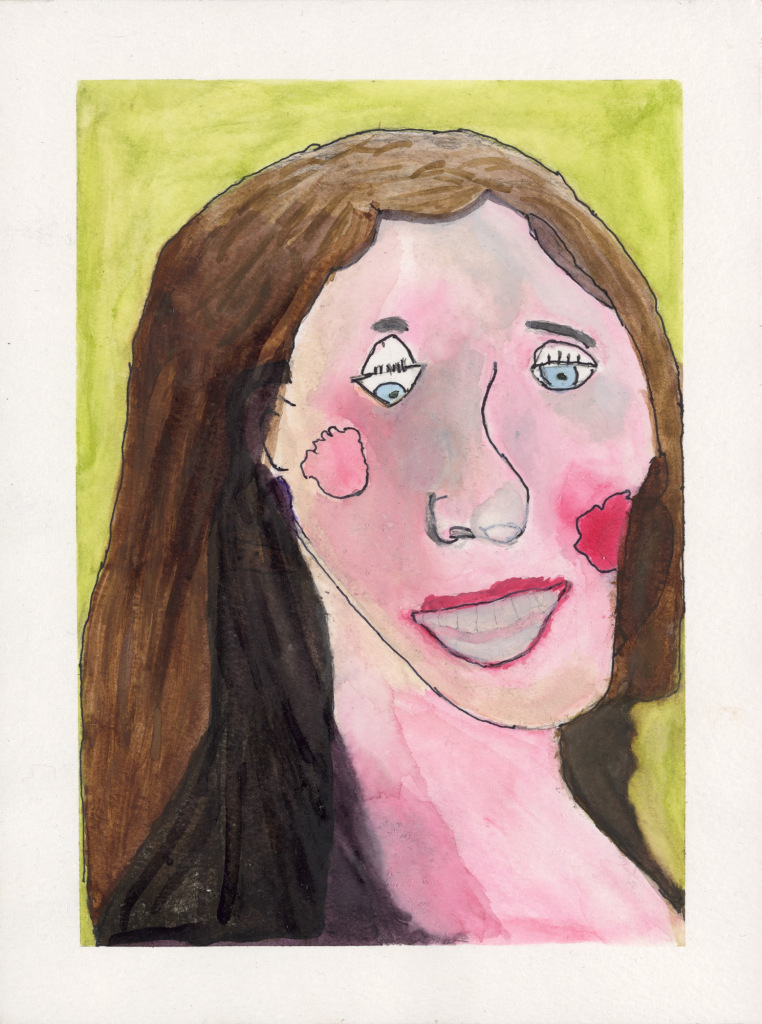 A head and shoulders painting of a white woman against a yellow background, using a light touch and light washes of paint. She has long brown hair, blue eyes and red lips.