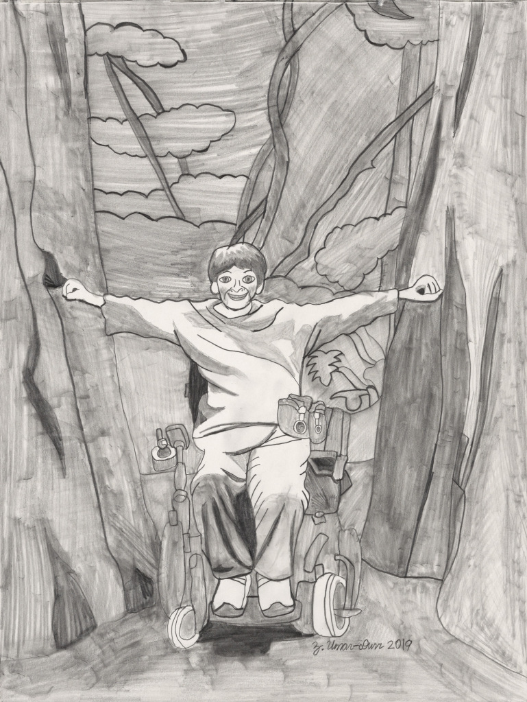 Created with soft pencil tones, a white woman in a power wheelchair has both arms stretching to touch huge trees, with a lush forest behind.