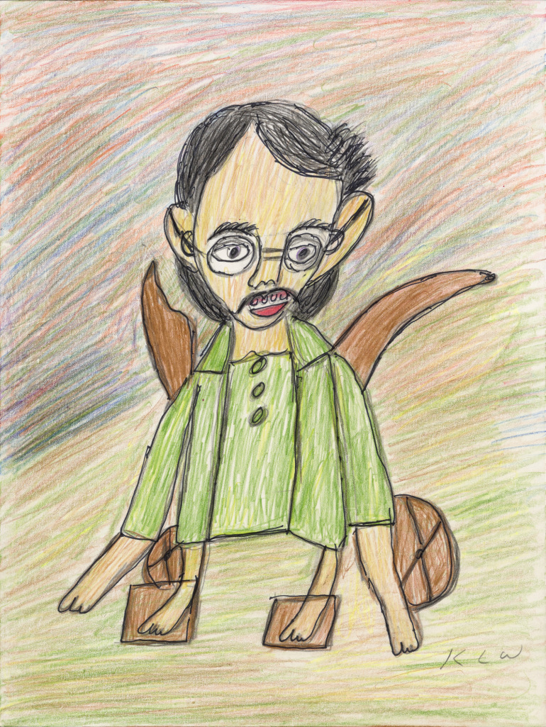 An energetic colored pencil drawing of a white man with dark hair and glasses in a wheelchair with handles that could be wings.