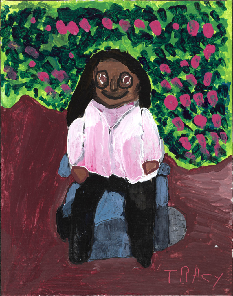 A smiling African American woman with glasses in a bright blue power wheelchair and pale top looks directly at us. The shapes are bold and painterly. Behind is a luscious garden with pink flowers. 
