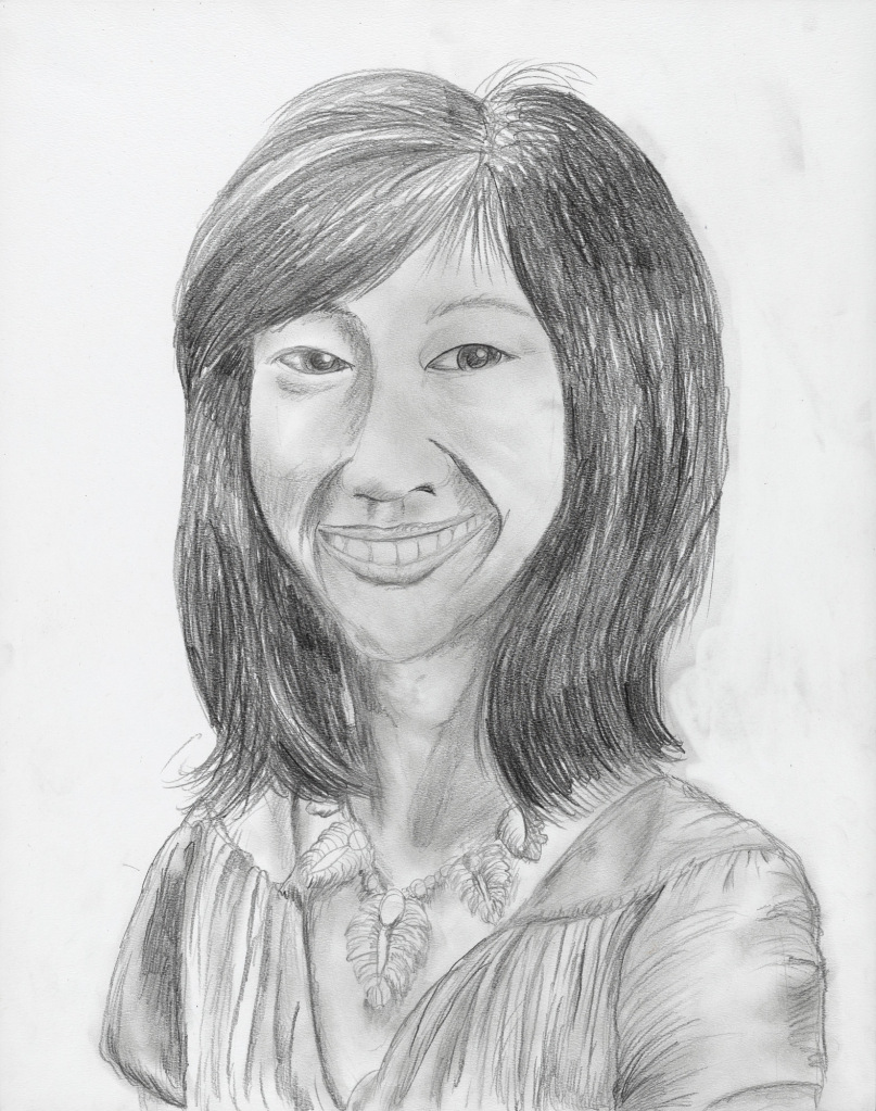 A detailed pencil drawing of the head and shoulders of a young Asian American woman with shoulder length hair and a beaming smile.