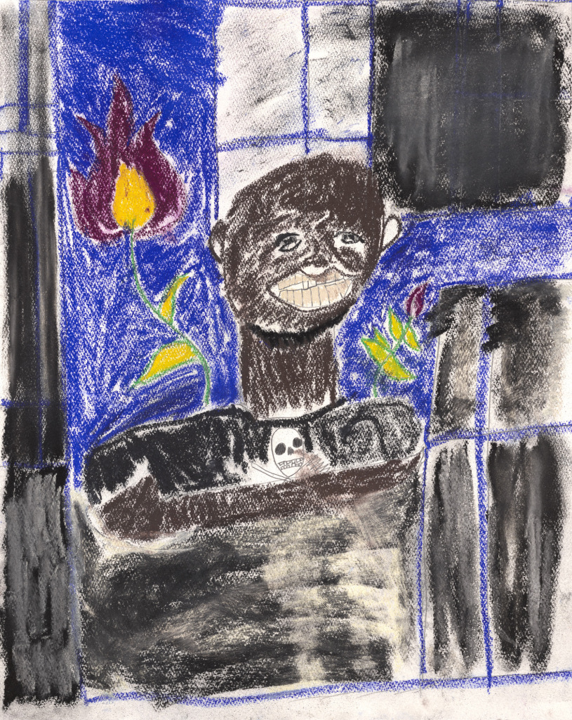 Created with charcoal and smudgy pastels, the head and shoulders of a confident African American man in front of a window. The wall behind him is decorated with a large red and yellow flower.