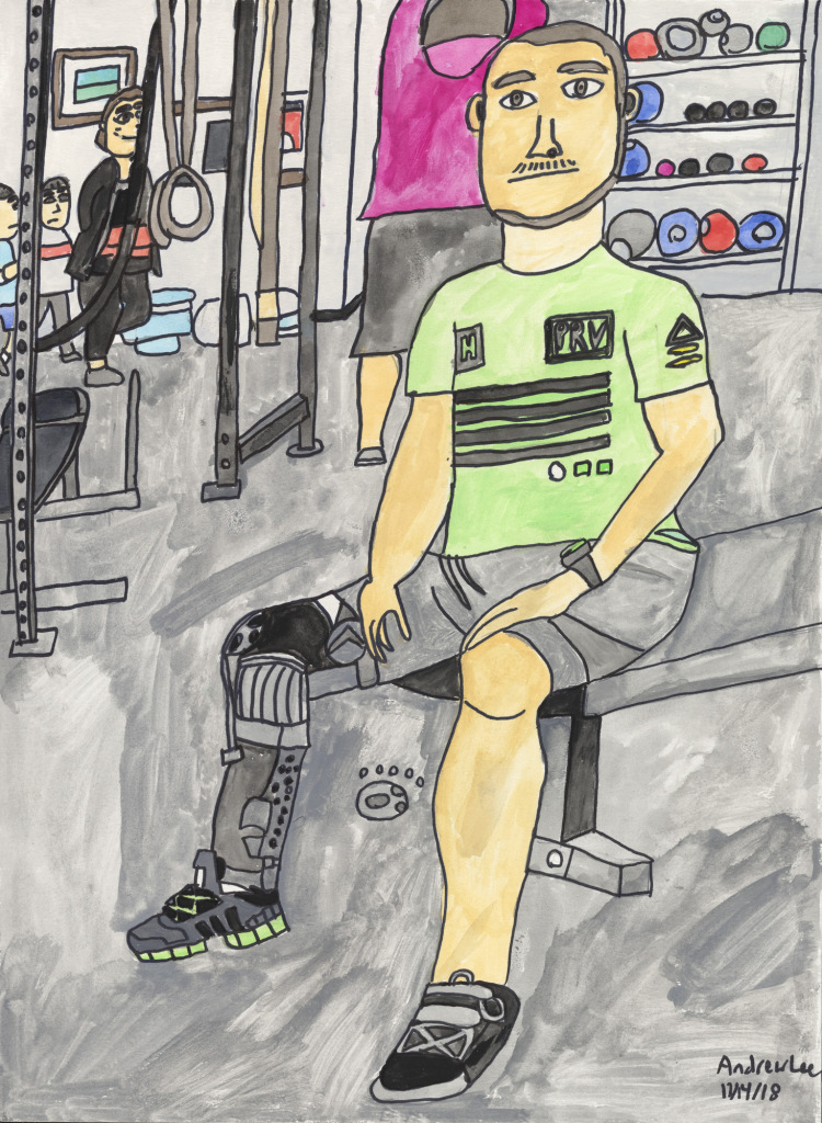 A white man with a high-tech prosthetic right leg sits on a gym bench, drawn with bold outlines and gentle, energetic colors, in a busy gym.