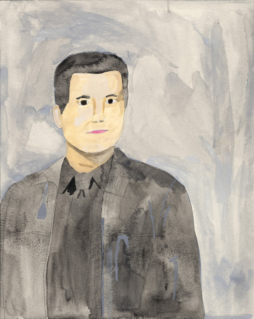 A pale-skinned man with dark eyes and short dark hair, wearing a dark suit and tie in delicate watercolor and a pale blue background.