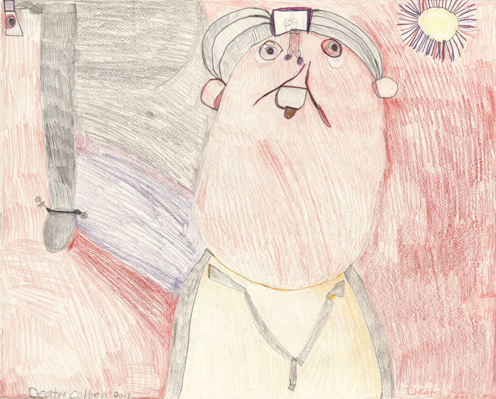 A head and shoulders of a woman with a large face and short hair has her right hand raised. A small sun with fringes to her left warms everything in the surrounding area underneath.