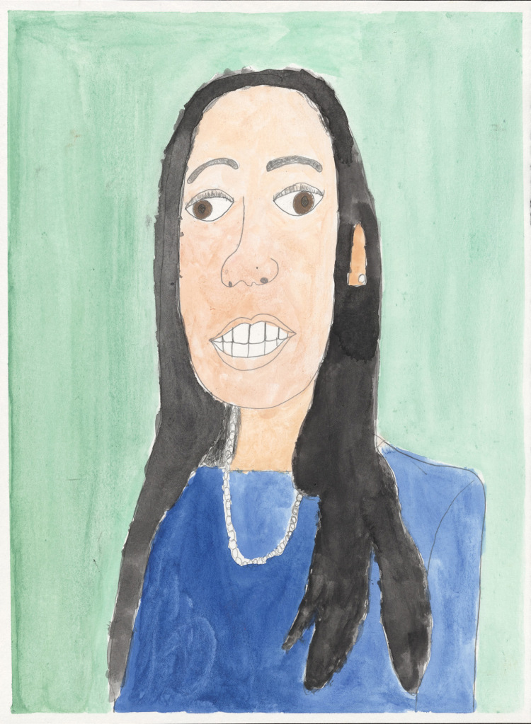 Painted with delicate strokes, a head and shoulders portrait of a confident woman with long dark hair, a pearl necklace and blue dress. 
