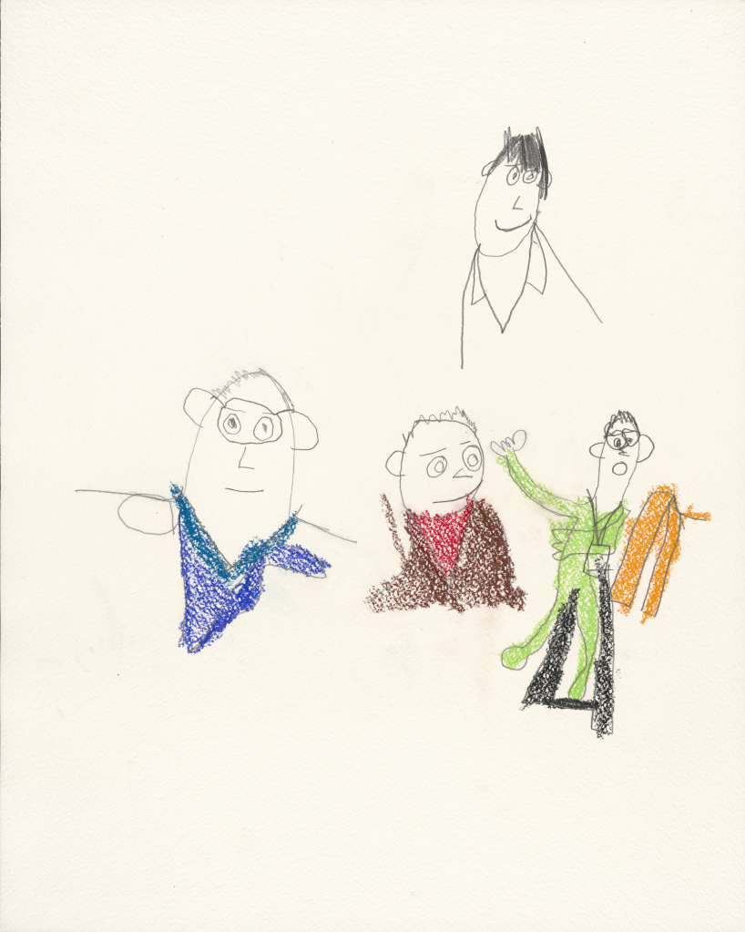 Four small pencil drawings of a man in the middle of white textured paper have varied expressions and colorful clothes. The man on the right raises his arm from his wheelchair.
