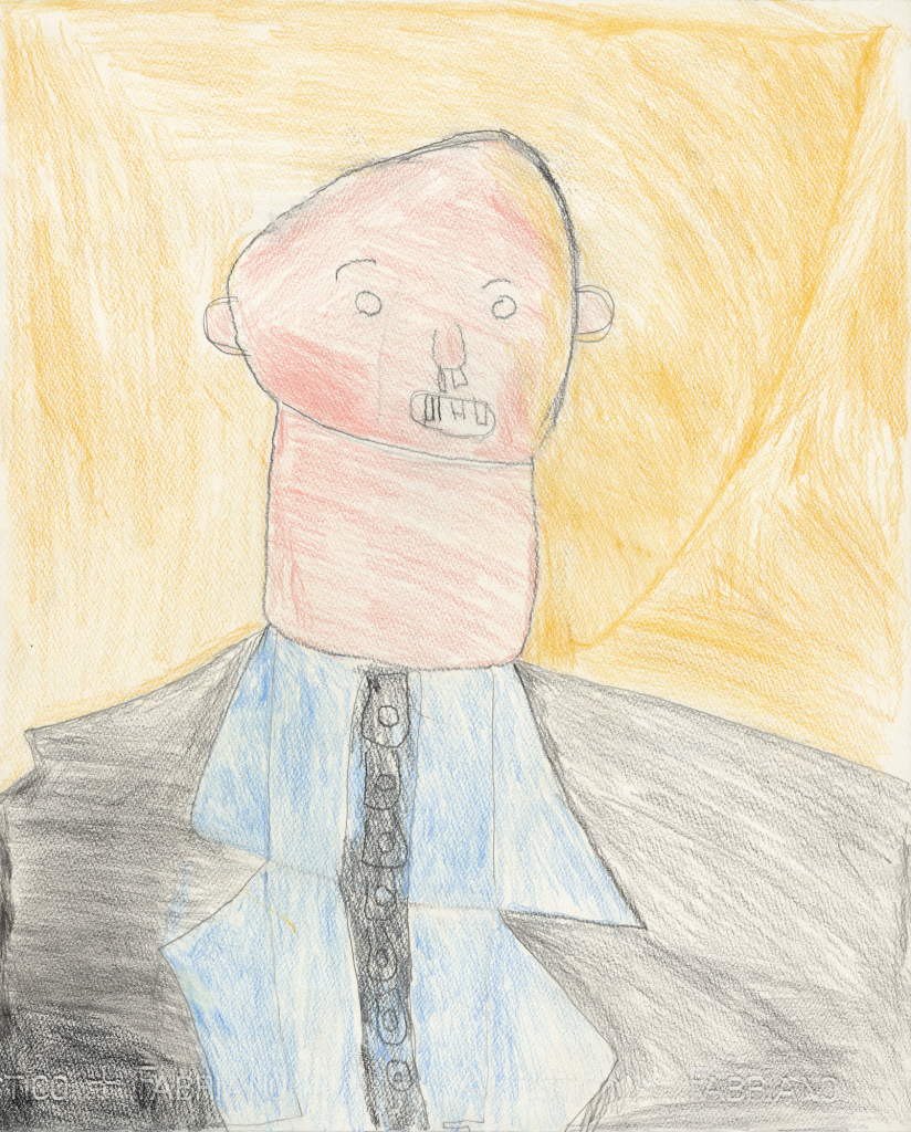 A white man with very short hair, drawn with fine color pencils, wears a suit and tie, against a pale orange background. 
