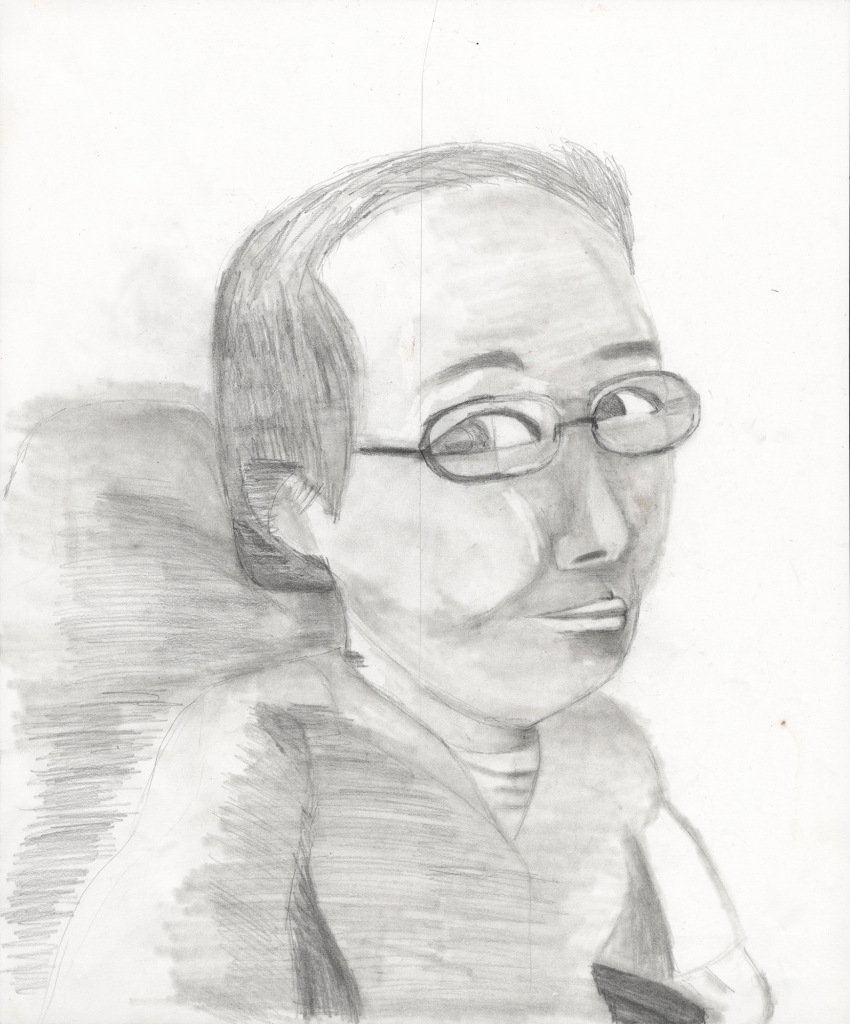 A head and shoulders pencil drawing of an Asian American woman wearing glasses taking a sideways look at the viewer. 
