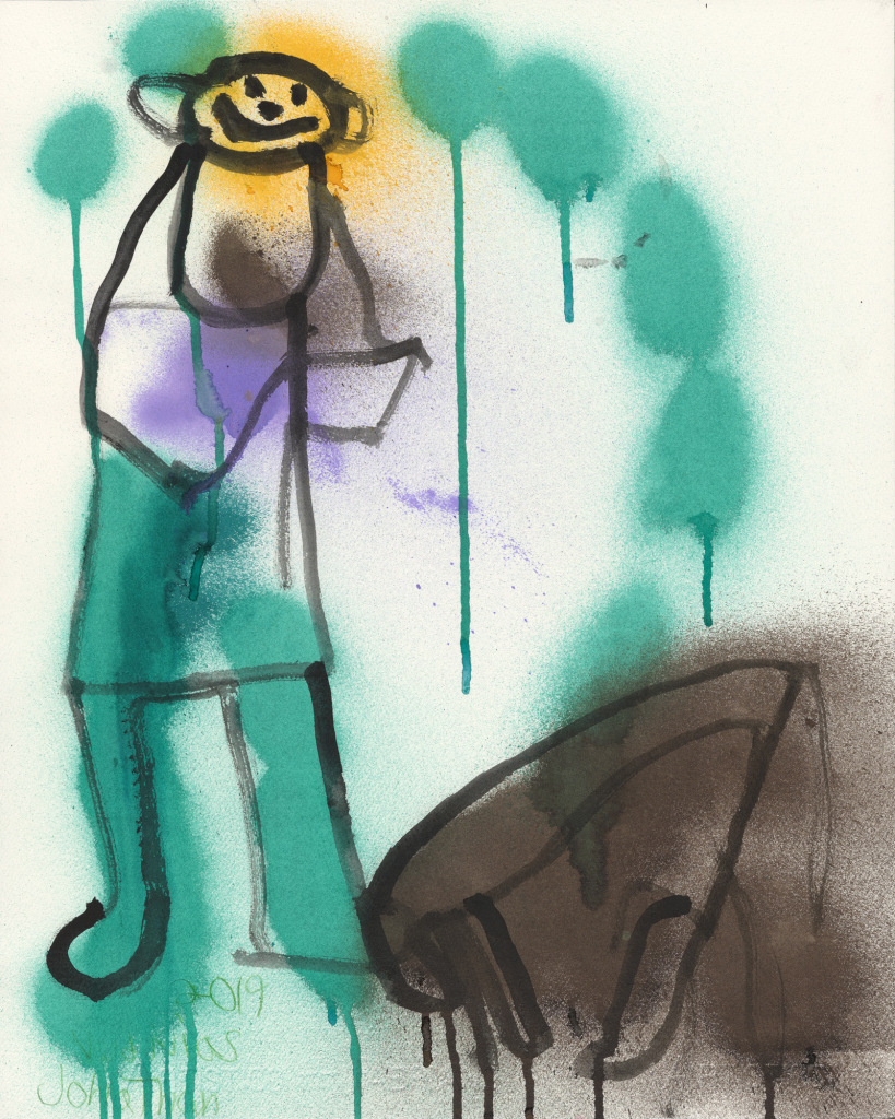 A smiling man stands next to a large brown shape that could be a desk. The man is drawn in simple outlines with a large paintbrush. Oval blobs of green are added to his pants and the background with a spray. A glowing orange blob surrounds his head and shoulders, and paint from the blobs drips to the bottom of the paper.
