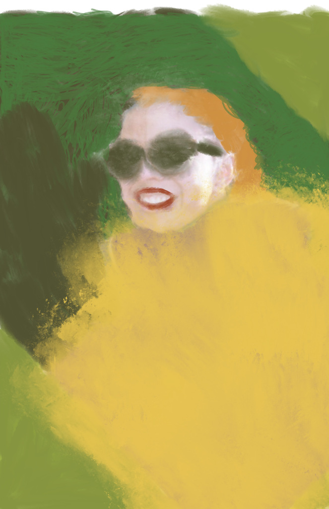 The artist worked over a photograph to create a three quarter profile of a woman in sunglasses with a broad smile with contrasting colors. Her clothing has a golden shimmer, her hair is bright orange and the background is matt green. 
